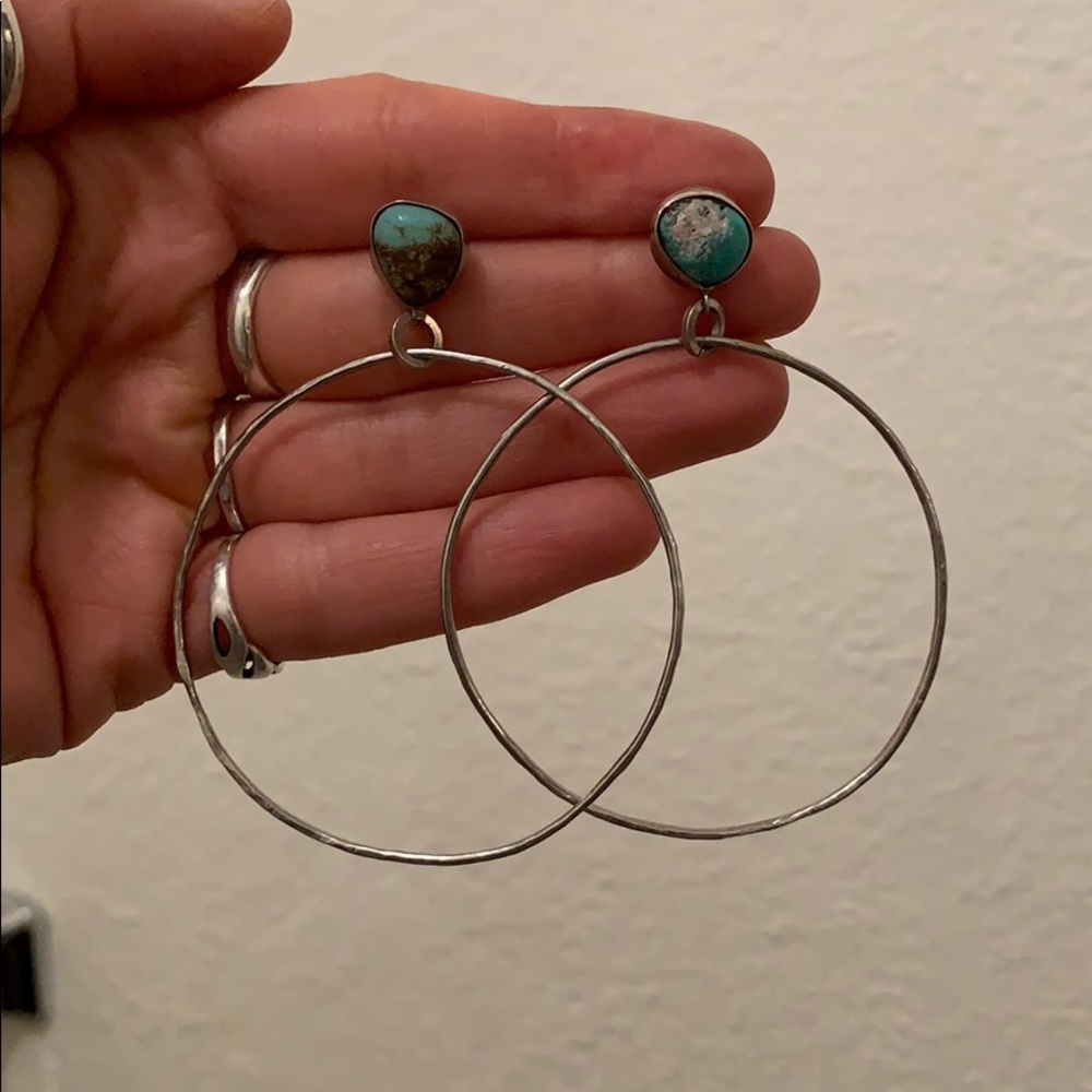 Handmade Silver and turquoise hoop earrings